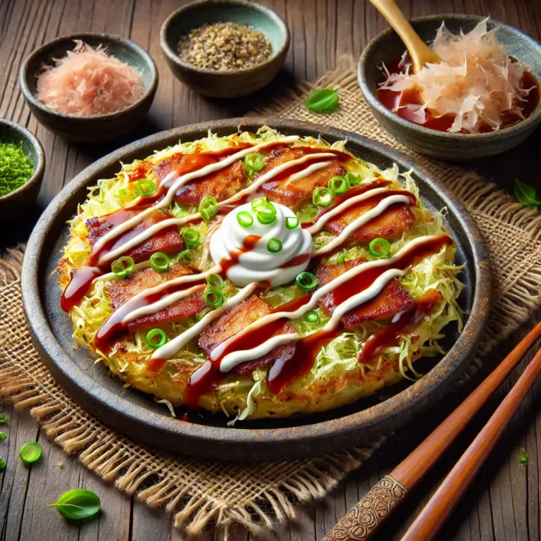 Okonomiyaki, japanischer herzhafter Pfannkuchen mit Schweinebauch, Okonomiyaki-Sauce, Mayonnaise, Bonitoflocken und Nori-Pulver.